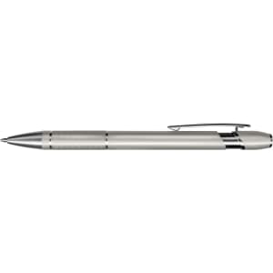 A sleek metal pen named Centra Pen, featuring a smooth silver finish and a textured grip for enhanced writing comfort.