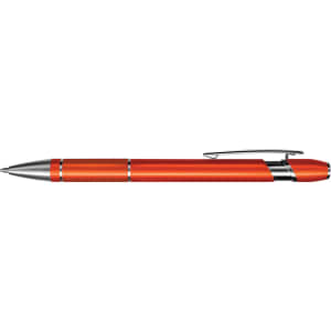 An orange metal pen with a sleek design, featuring a textured grip and silver accents.