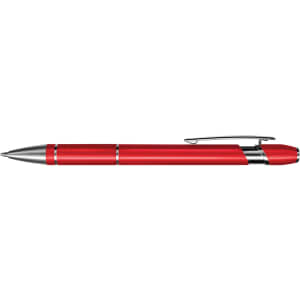 A red metal pen with silver accents and a clip, featuring a textured grip and a branding logo.