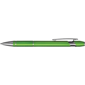 A metal pen in a vibrant green color with silver accents and a textured grip.