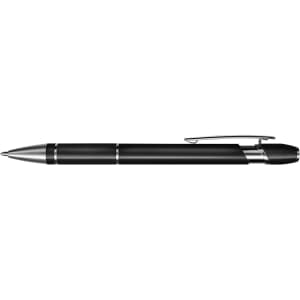 A sleek metal pen with a black finish and silver accents, featuring a textured grip and a clip for easy attachment.