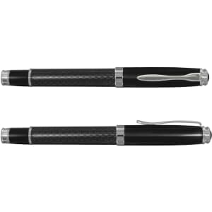 A black metal pen with a sleek design and chrome accents, featuring a logo. The pen has a textured grip and a clip.