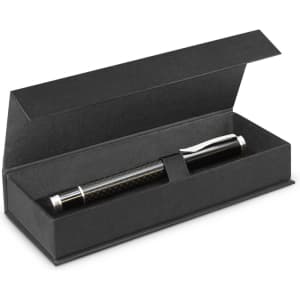 A black metal rolling ball pen in a sleek black box, featuring a silver clip and trim.