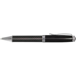 A metal pen in black and silver with a textured grip and a clip, featuring a logo.