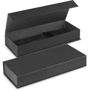 A black gift box with a hinged lid, displaying a soft interior lining for protection.