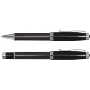 A set of two black pens with a sleek carbon fibre design and silver accents, featuring a logo on one pen.