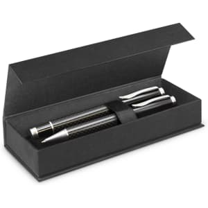 A sleek black gift box containing a pair of silver and carbon fibre pens with a secure band.