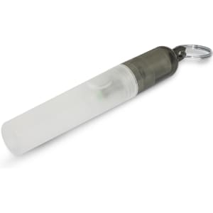 A clear mini hand sanitiser key ring with a black top and a keychain attachment.