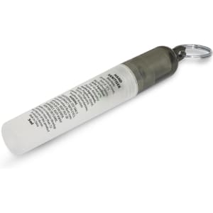 A mini hand sanitiser key ring in a clear container with a dark grey cap, featuring a metal key ring attachment.