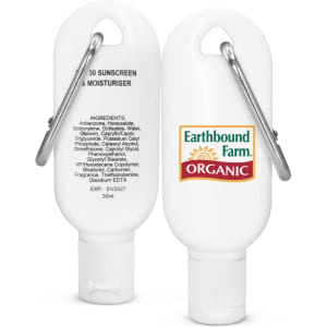 A white 30ml sunscreen bottle with a carabiner clip and an organic logo, featuring a rounded design.
