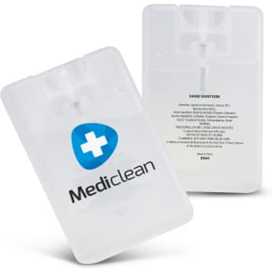 A transparent sanitiser card with a logo and detailed information on the back, containing 20ml of hand sanitiser.