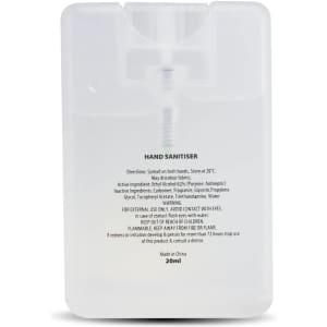 A clear, rectangular hand sanitiser card containing 20ml of liquid, featuring a built-in dispenser and a logo.