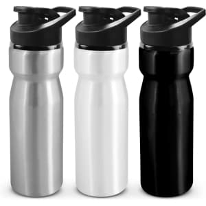 A drink bottle featuring a snap cap, available in silver, white, and black with a sleek, modern design.