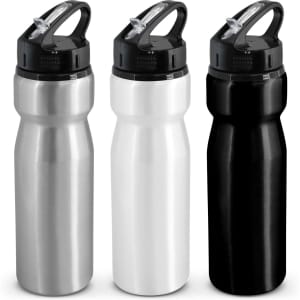 A drink bottle set featuring three variations: silver, white, and black, each with a flip cap and a handle.