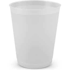 A drink cup in translucent white plastic, featuring a simple design and rounded base. Includes a branding logo.