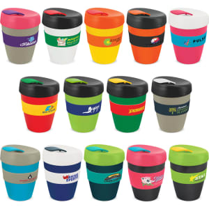 A drink bottle collection featuring various coloured Express Cup Deluxe cups with black lids and branding.