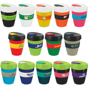 A drink bottle collection featuring various coloured Express Cup Deluxe mugs with lids and logos.