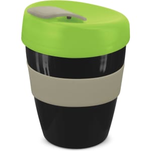 A drink bottle featuring a black base with a green lid and a beige silicone band. It has a logo on the side.
