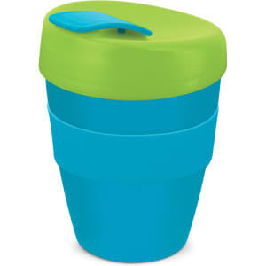 A drink bottle in blue and green, featuring a sleek design and a lid with a logo. Holds 350ml.