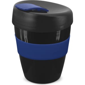 A drink bottle featuring a black cup with a blue silicone band and a matching lid. It has a logo on the side.