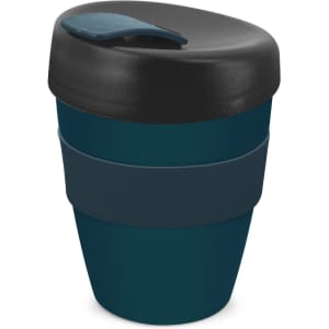 A drink bottle featuring a dark teal and black design with a secure lid and a silicone sleeve.