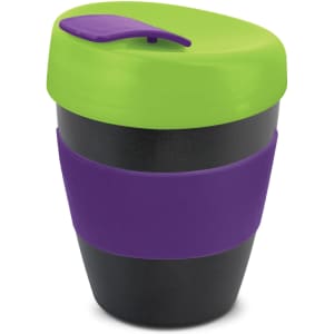 A drink bottle featuring a black body with a green lid and purple sleeve, equipped with a secure top closure.