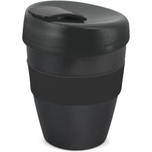 A drink bottle in dark green and black with a lid and a band around the middle. It features a logo.