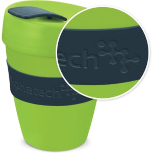 A drink bottle in bright green with a navy silicone band and a matching lid, featuring a logo.