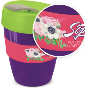 A drink bottle with a purple body, green lid, and floral design on the band. It features a logo.