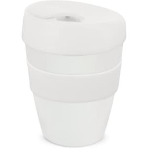 A drink bottle in white, featuring a sleek design with a lid and an integrated silicone band for grip.