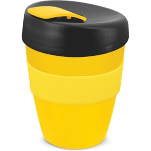 A drink bottle with a black lid and yellow body, featuring a silicone band and a logo.