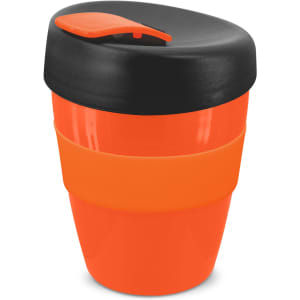 A drink bottle in vibrant orange with a black lid and a black silicone band. It features a logo on the side.