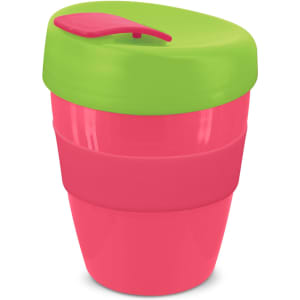 A drink bottle featuring a pink body and a green lid with a straw opening, equipped with a branding logo.