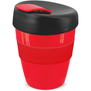 A drink bottle featuring a red body and a black lid, with a logo displayed on its surface.