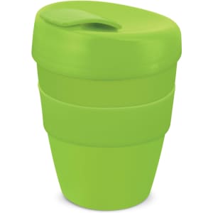 A drink bottle in vibrant green with a lid, featuring a sleek design and a logo. Ideal for on-the-go use.