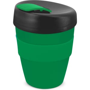 A drink bottle featuring a green body and a black lid, with a logo visible on the side.