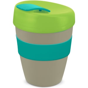 A drink bottle in green and light grey with a matching lid and an accent band around the middle. It features a logo.
