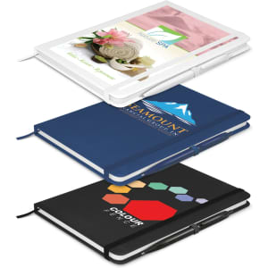 Three notebooks in various colours: a white one with a floral design, a dark blue one, and a black one with a logo. Each has an attached pen.