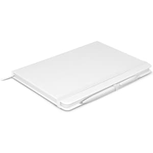 A white Omega Notebook with an attached pen, featuring a sleek design and an elastic closure.