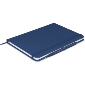 A navy blue Omega Notebook with a pen attached, featuring an elastic closure and a sleek design suitable for office use.