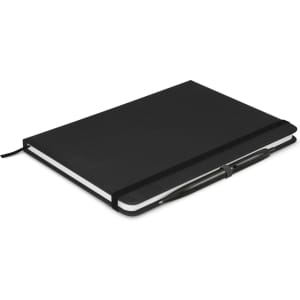 A black Omega Notebook with a matching pen, featuring a sleek design and an elastic band closure.