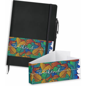 A black notebook with a colourful patterned band and a matching pen, featuring a branding logo.