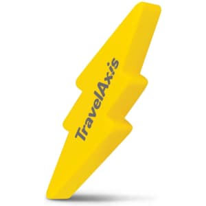 A bright yellow lightning bolt stress shape with a logo on it, designed for fun and stress relief.