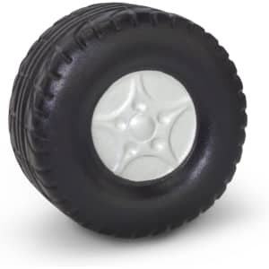 A black stress relief wheel featuring a textured tyre design and a silver wheel rim.