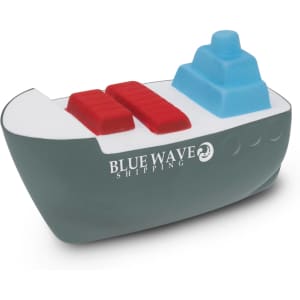 A stress toy shaped like a cargo ship, featuring a grey hull, red cargo, and a blue top. It has a logo on one side.