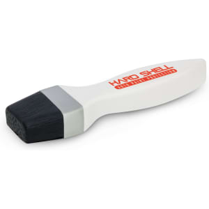 A stress relief paint brush in white and black, featuring a textured tip and a logo on its side.
