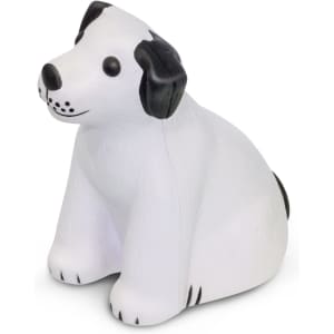 A sitting stress dog figure in white with black ears and spots, featuring a simple, playful design.