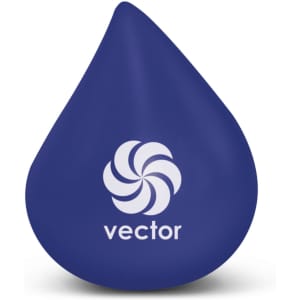 A blue stress ball shaped like a water drop with a logo on the front.