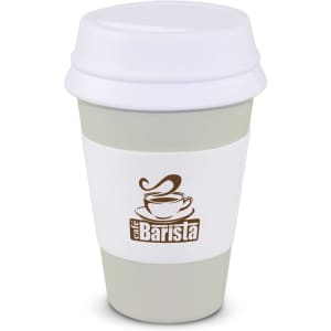 A stress-relief coffee cup in light green with a white lid and band, featuring a logo design.