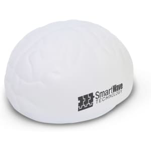 A white stress ball shaped like a brain, featuring a logo on one side.